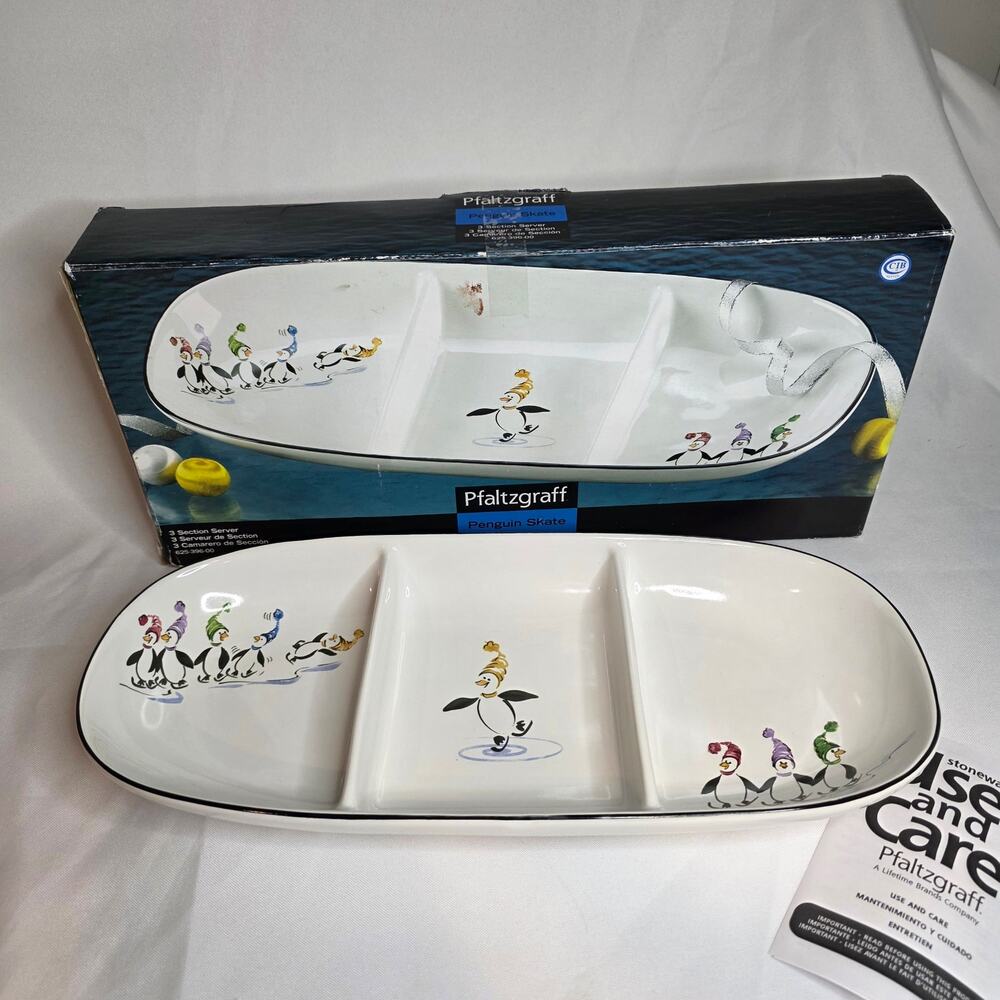 2007 Pfaltzgraff Penguin Skate 3 Section Server Ceramic Glass Dish Collectible